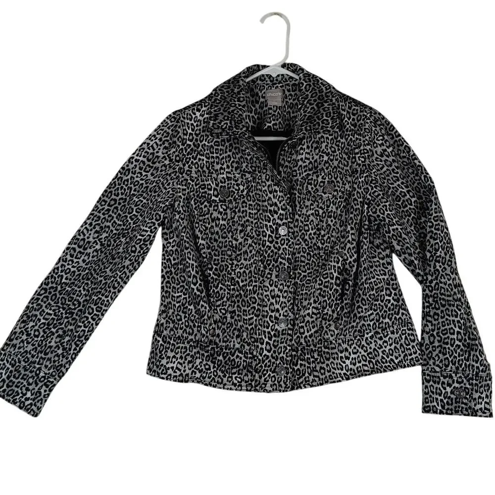 Chico's Brushed Flannel Jacket Womens 0 US 4/6 Gray Leopard Print Stretch Casual